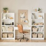 Leather-lined bookshelf with measuring tape and calculation notes on wooden surface