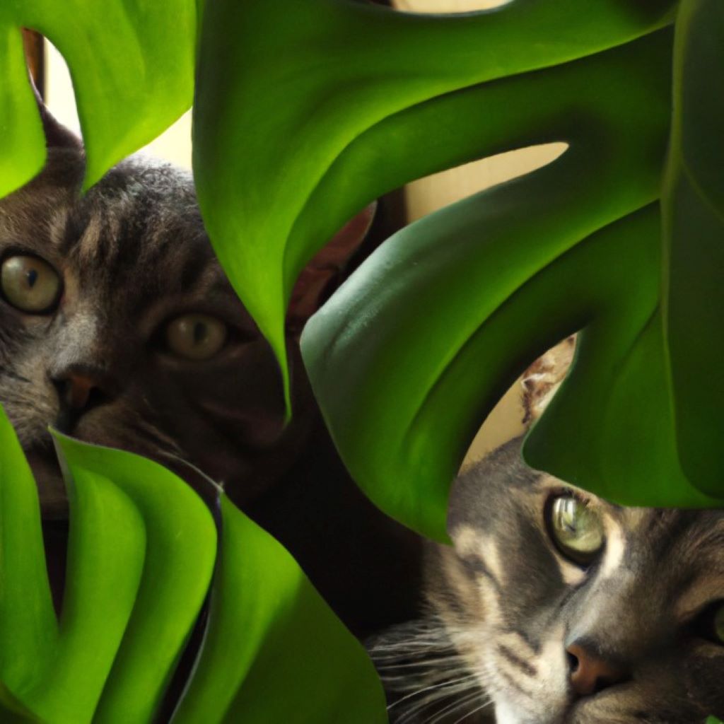 Close-up of Monstera leaves with a cat sniffing them, illustrating potential toxicity for pets