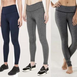 Lululemon leggings arranged by color showing fabric type variations from Nulu to Luxtreme