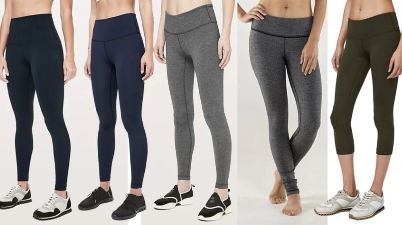 Lululemon leggings arranged by color showing fabric type variations from Nulu to Luxtreme