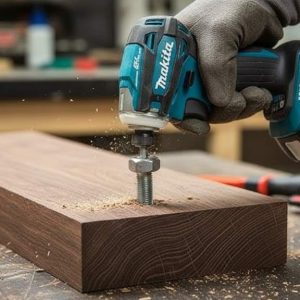 Makita XDT19Z driving large lag bolts into hardwood, demonstrating high torque performance.