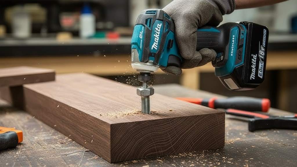 Makita XDT19Z driving large lag bolts into hardwood, demonstrating high torque performance.