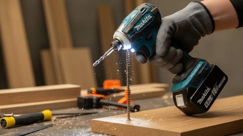 Makita XDT19Z impact driver in use on a woodworking project, showing ergonomic grip and LED light.