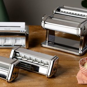 Marcato pasta attachments set up for simple homemade ravioli preparation.