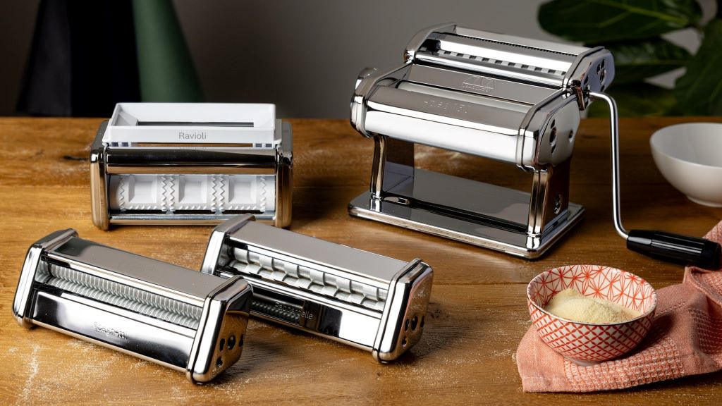 Marcato pasta attachments set up for simple homemade ravioli preparation.