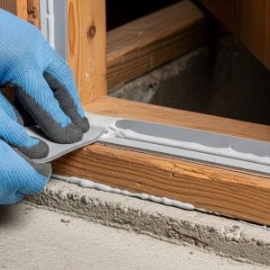 Close-up view of weather stripping installation along crawl space door perimeter creating moisture barrier seal