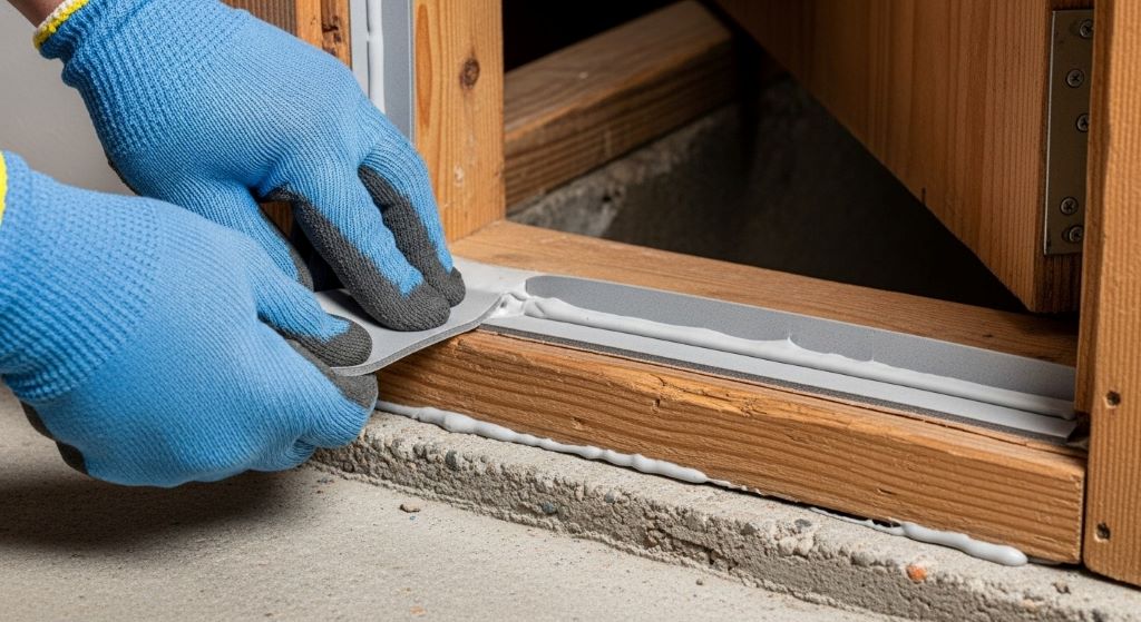 Close-up view of weather stripping installation along crawl space door perimeter creating moisture barrier seal