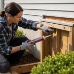 Homeowner inspecting crawl space door frame for damage and applying weatherproof sealant around exterior edges