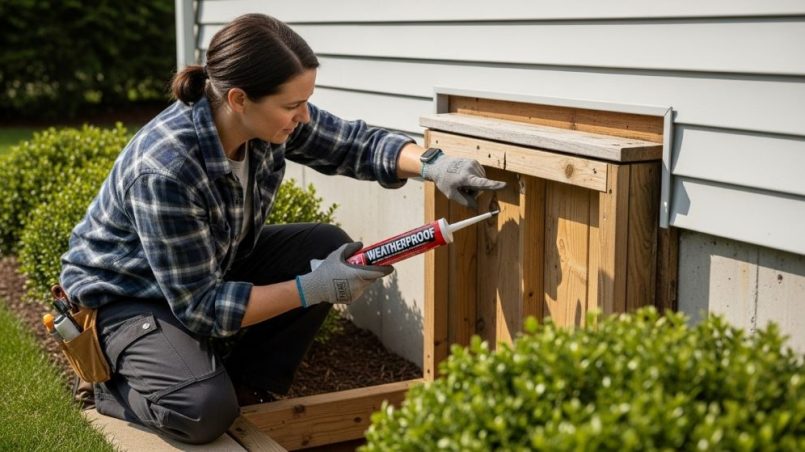 Homeowner inspecting crawl space door frame for damage and applying weatherproof sealant around exterior edges