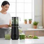 Modern kitchen counter with person peacefully using a quiet slow juicer making green juice