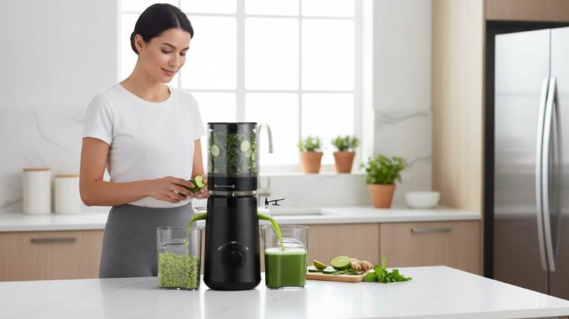 Modern kitchen counter with person peacefully using a quiet slow juicer making green juice