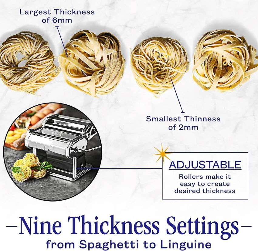 Close-up of Nuvantee 2-in-1 pasta machine showing rollers and cutting attachments for easy use.