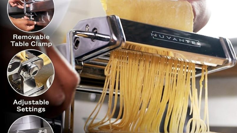 Fresh pasta being prepared with the Nuvantee 2-in-1 pasta maker in a beginner-friendly setup.