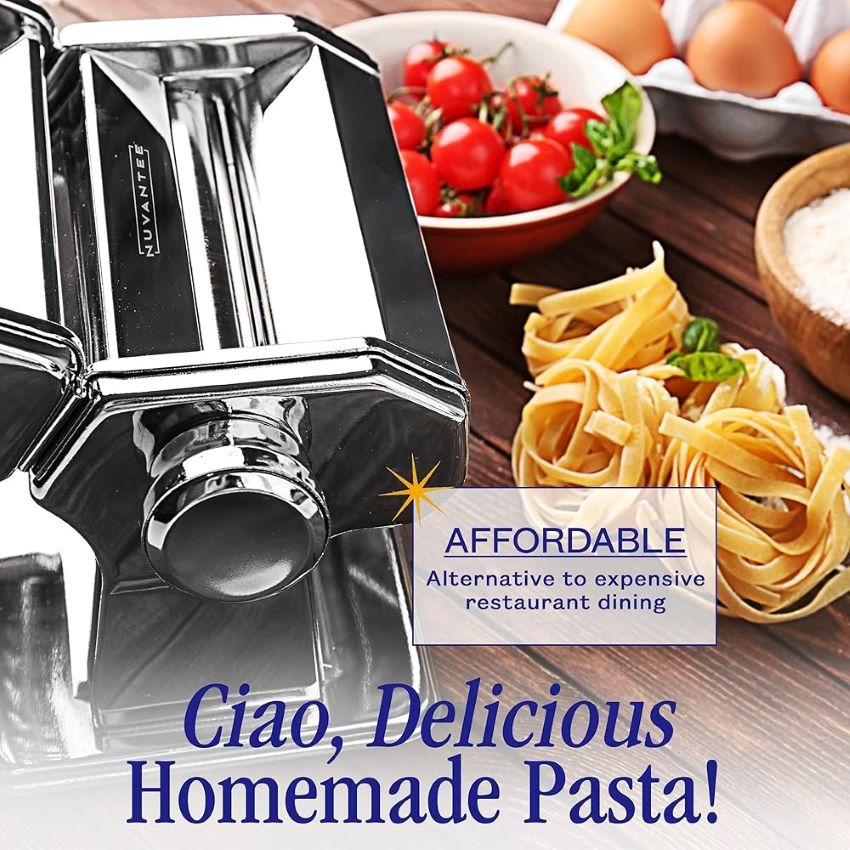 Nuvantee 2-in-1 pasta maker on a kitchen counter, ideal for beginners making homemade pasta.