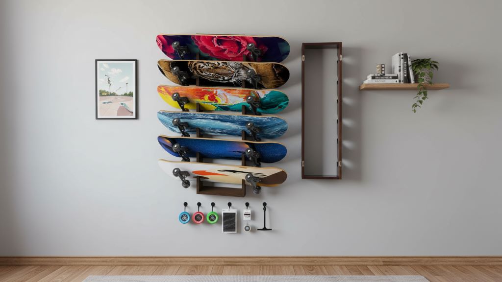 Organized bedroom wall displaying skateboards vertically on Koutemie rack with accessories hanging below