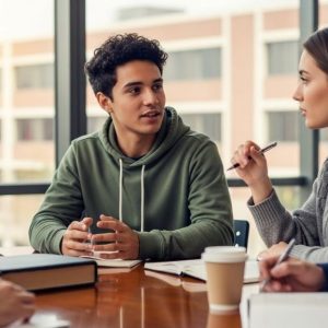 Students using active listening and respectful communication techniques during study group conflict resolution meeting