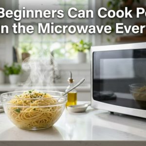 Steaming bowl of pasta next to a microwave with title text overlay.