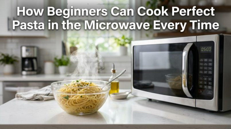 Steaming bowl of pasta next to a microwave with title text overlay.