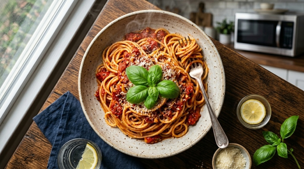 A finished plate of hot microwave-cooked pasta with tomato sauce and basil.