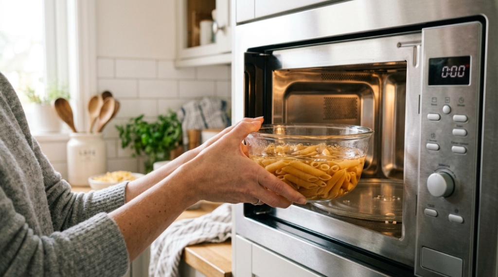 Hands placing a glass bowl of water and dry pasta into a microwave.