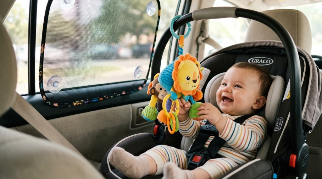 A baby looking at a plush toy next to a car window mesh sunshade.