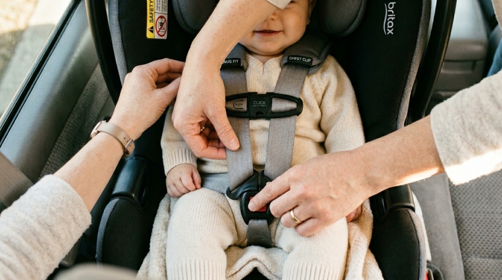 A parent adjusting the safety harness straps on a baby's car seat inside a vehicle.
