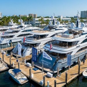 Rows of luxury superyachts docked along the floating marinas of the Fort Lauderdale International Boat Show 2026 at Superyacht Village