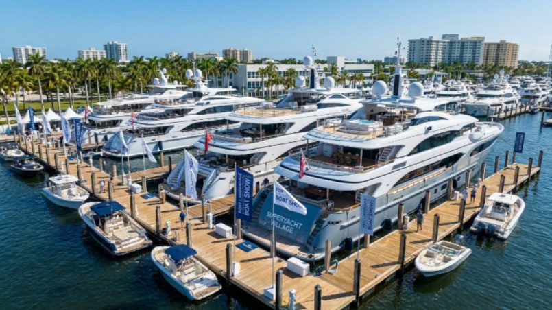 Rows of luxury superyachts docked along the floating marinas of the Fort Lauderdale International Boat Show 2026 at Superyacht Village