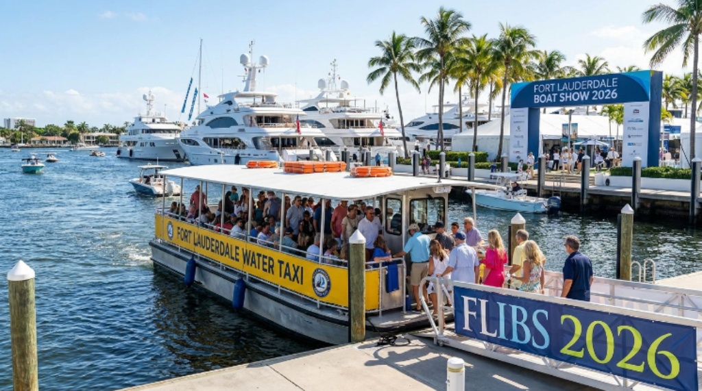 Visitors boarding a water taxi to travel between marina locations during the Fort Lauderdale International Boat Show 2026 in Florida