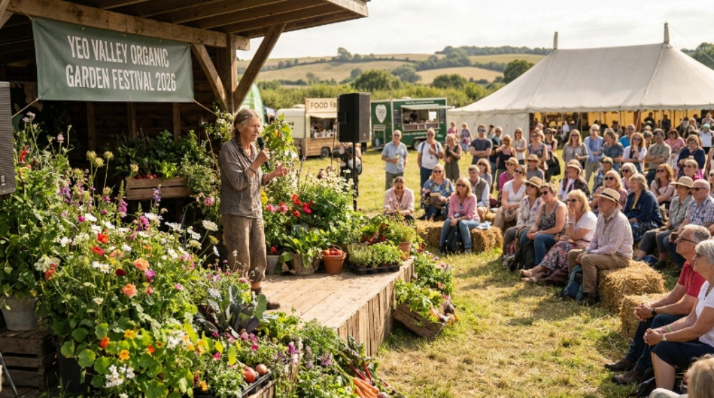 Expert speaker addressing an outdoor audience at the Yeo Valley Organic Garden Festival 2026 surrounded by lush organic planting