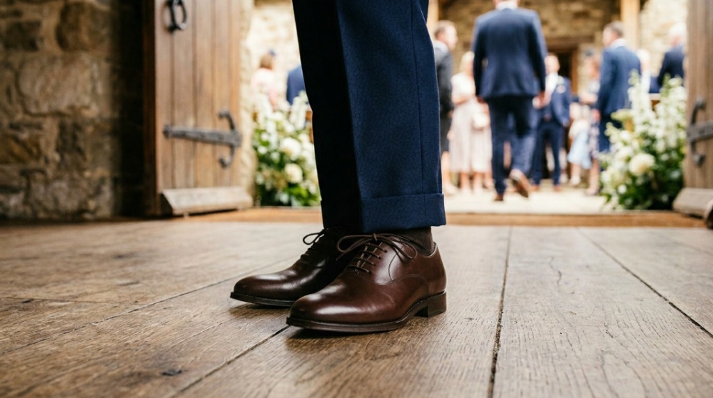 Young boy wearing black velvet formal loafers walks down grassy wedding aisle.