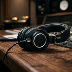 Audio engineer wearing over ear headphones mixing music in a digital workstation.