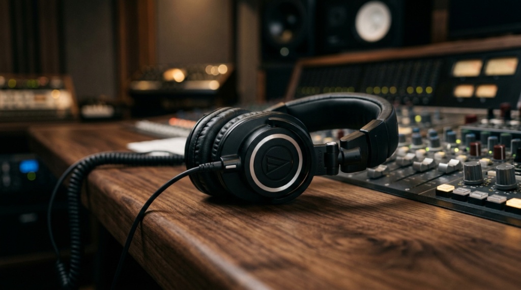 Audio engineer wearing over ear headphones mixing music in a digital workstation.