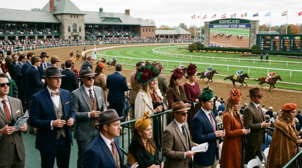 Fans in formal attire watching races at Keeneland Breeders Cup 2026