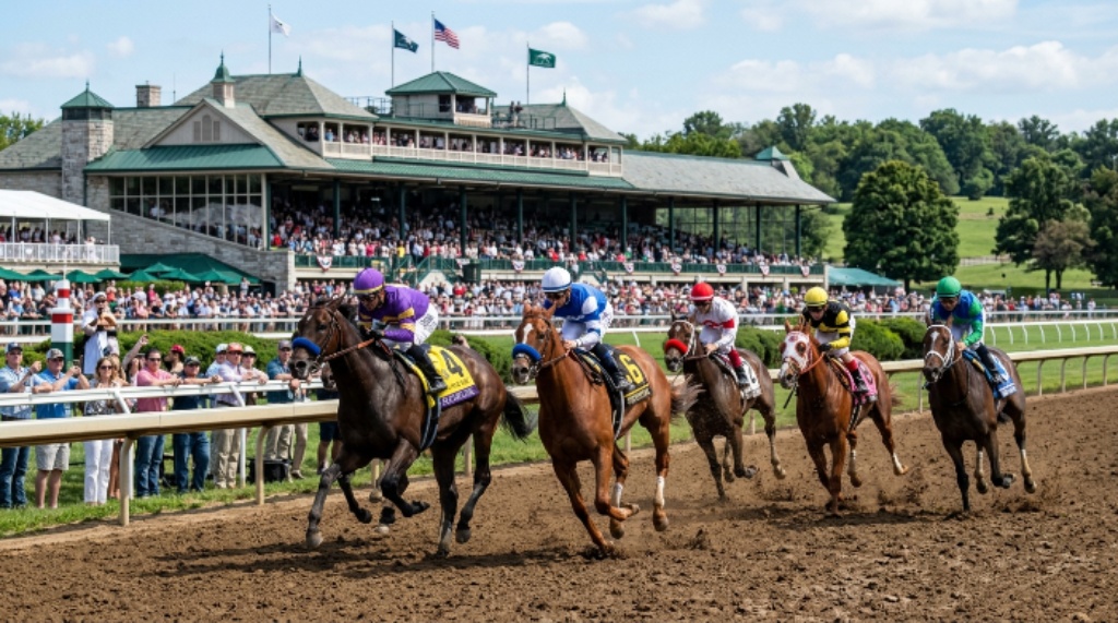 Thoroughbred horses racing on dirt track at Keeneland in Lexington Kentucky