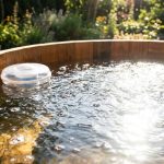 Spa owner testing water chemistry with a digital test kit beside a hot tub