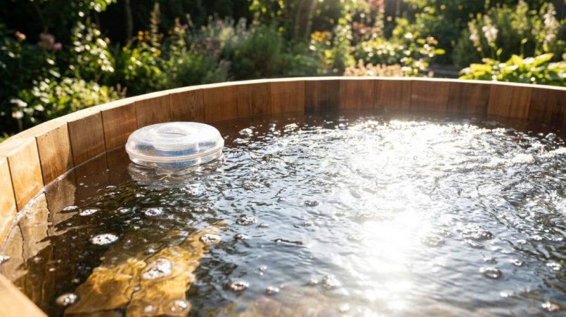 Spa owner testing water chemistry with a digital test kit beside a hot tub