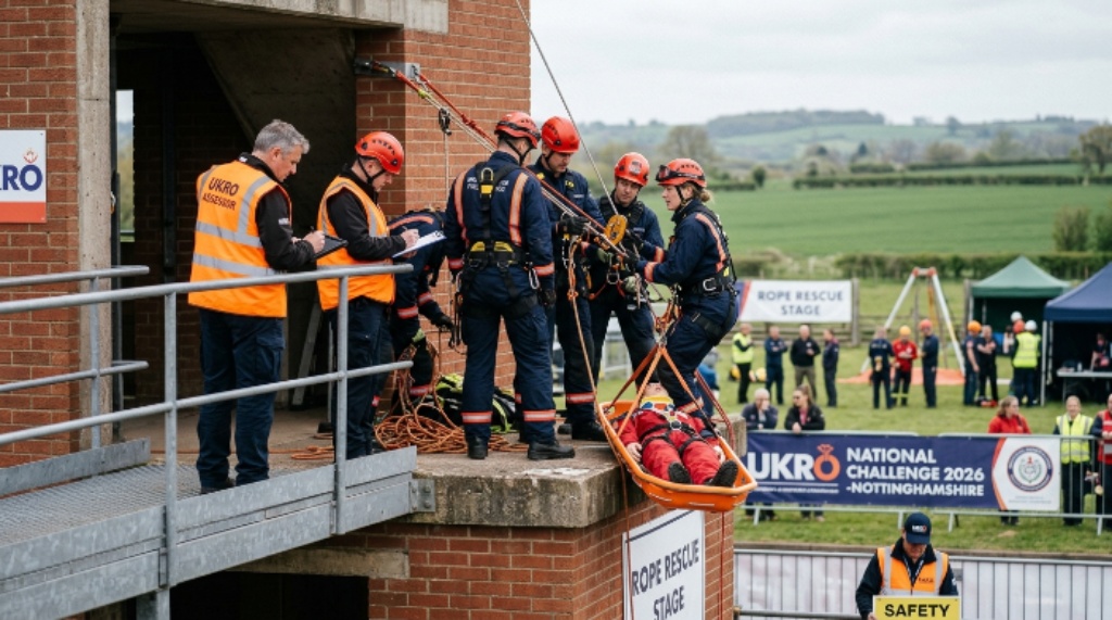 UKRO assessors evaluating a competing fire service rope rescue team rigging a system to lower a casualty from height at the 2026 national challenge in Nottinghamshire