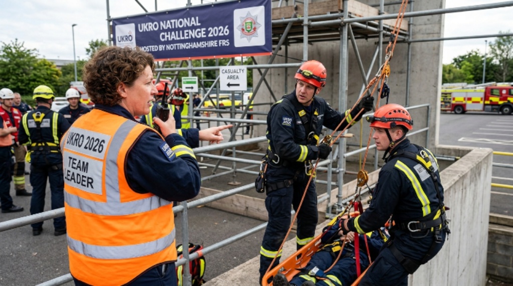 A rope rescue team leader directing team members during a timed casualty rescue scenario at the UKRO National Challenge 2026 hosted by Nottinghamshire FRS
