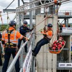Firefighters from a UK fire and rescue service team performing a rope rescue scenario at height during the UKRO National Rope Rescue Challenge 2026 in Nottinghamshire