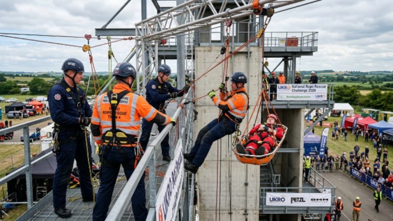 Firefighters from a UK fire and rescue service team performing a rope rescue scenario at height during the UKRO National Rope Rescue Challenge 2026 in Nottinghamshire