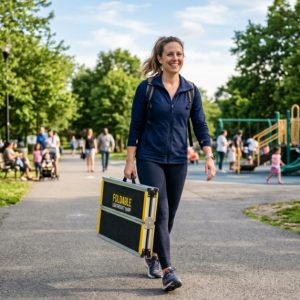 Parent carrying a lightweight foldable ramp to a park.