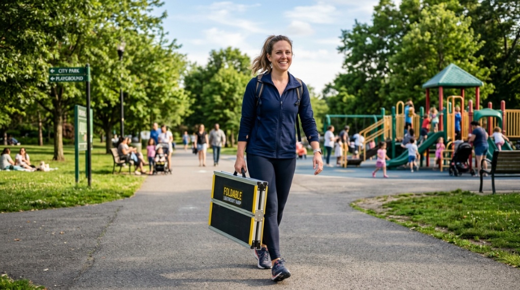 Parent carrying a lightweight foldable ramp to a park.