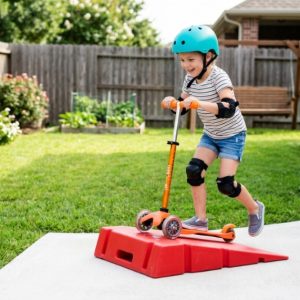 Child riding a scooter over a safe backyard ramp.