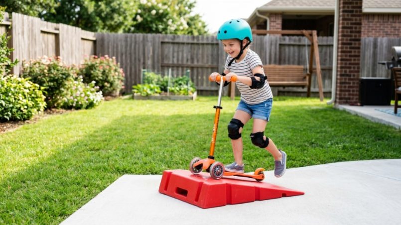 Child riding a scooter over a safe backyard ramp.