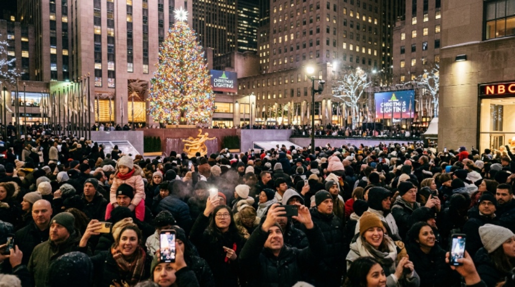 Crowd gathered for the Rockefeller Center tree lighting ceremony