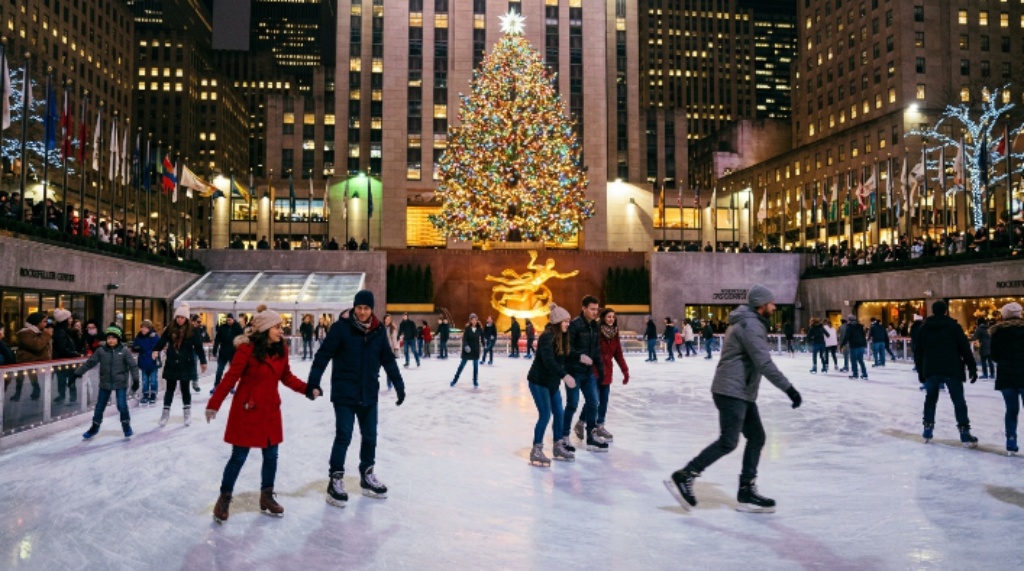 Ice skaters gliding on the rink beneath the Rockefeller Center tree