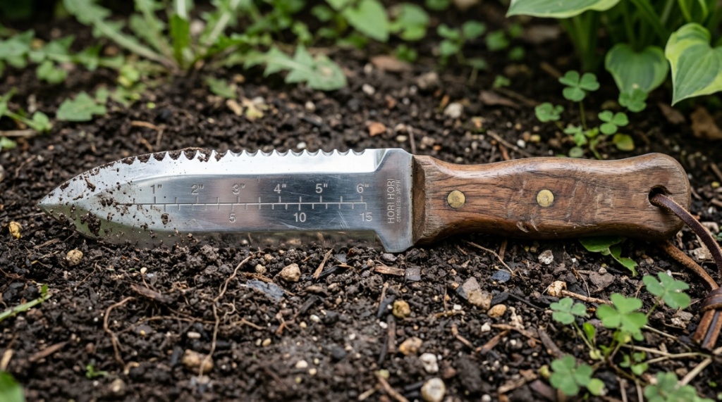 Gardener using a durable weeding knife to remove roots.