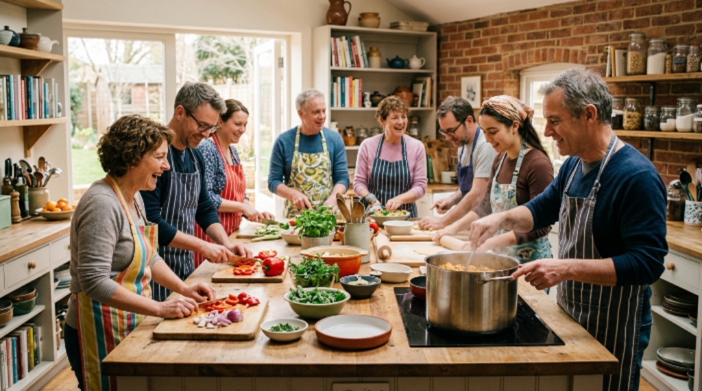 Group of home cooks enjoying a hands-on cooking club workshop