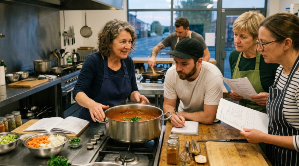 Cooking club members learning recipes in a shared kitchen